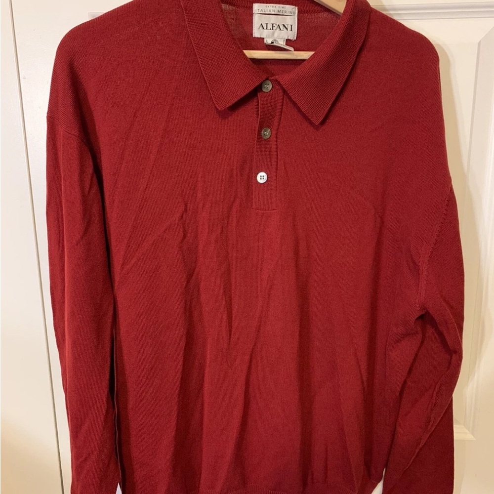 Alfani Men's Sz XL Rich Red Polo sweater Shirt extra fine Italian merino wool‎